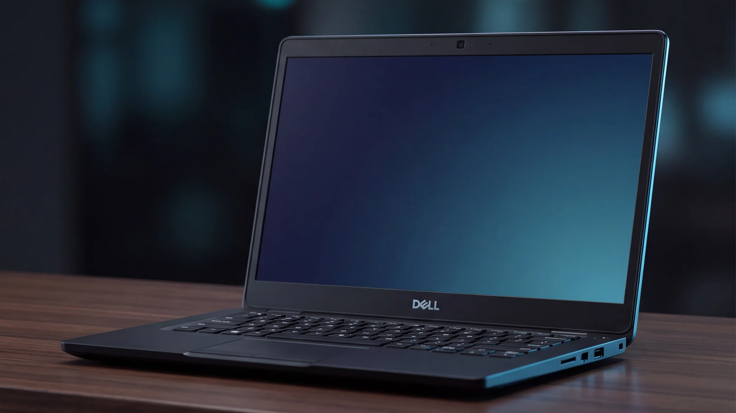 Black Dell Latitude-style business laptop on a dark walnut desk in a blue-lit office